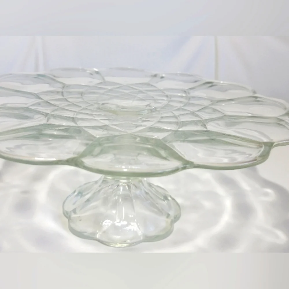 Vintage Pedestal Cake Stand L E Smith Dominion Clear Glass Scalloped Edge Design